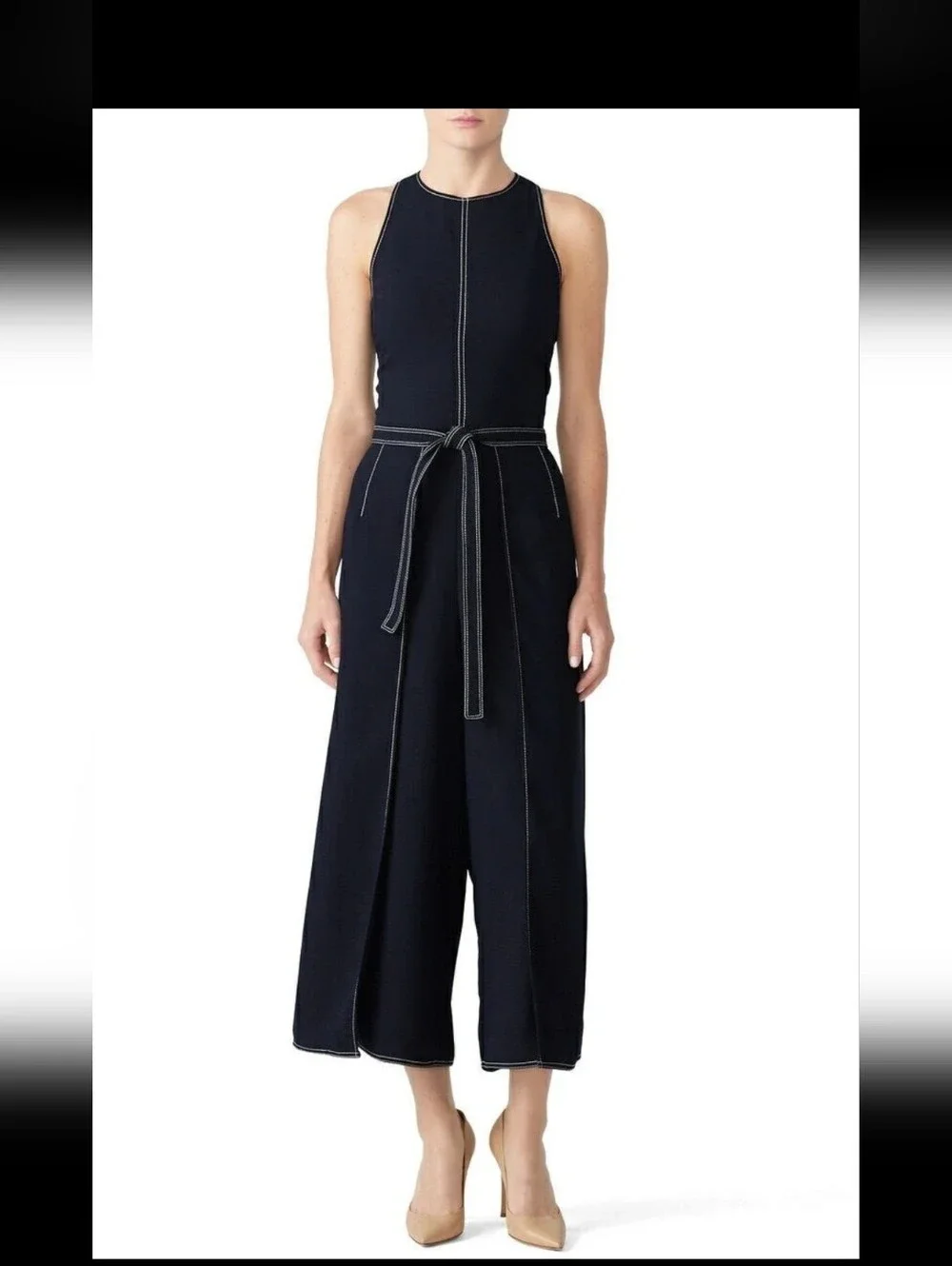 Joie Navy Blue Contrast Stitch Sleeveless Jumpsuit Tie Waist Women's Size 2.